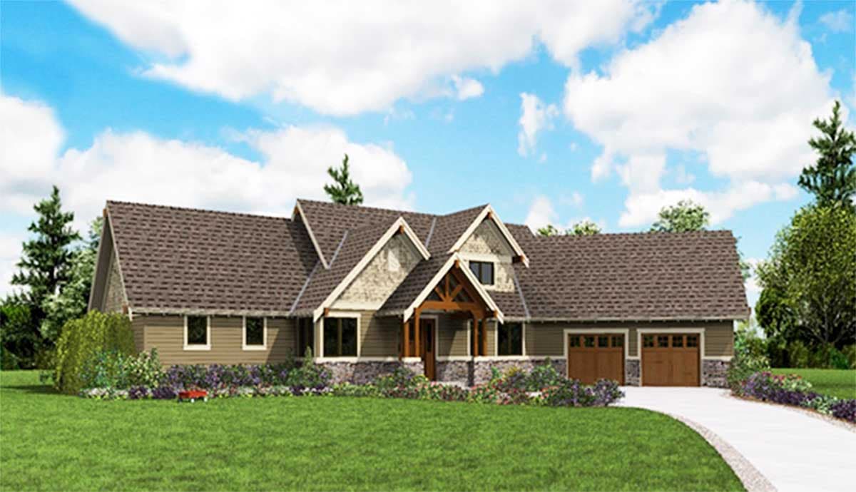 House plan exterior: Ranch style, 1.5 stories, prominent gables, covered entry with timber supports, 3-car garage.