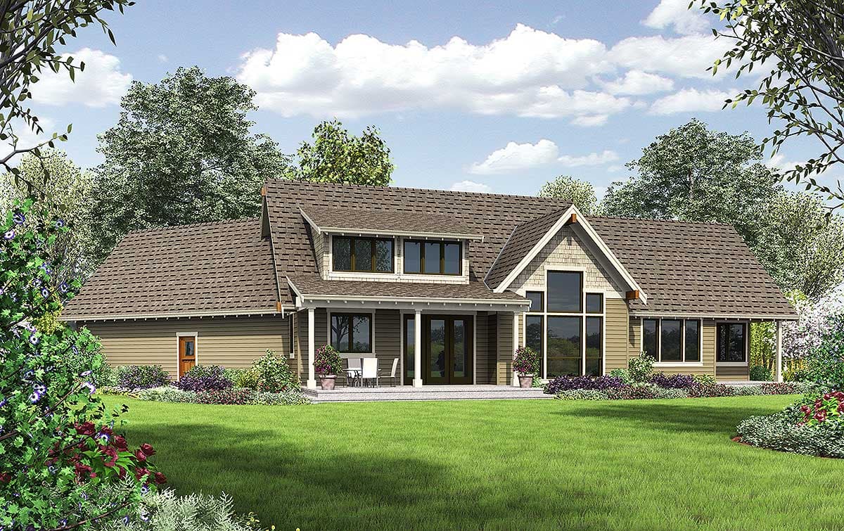 House plan exterior: Two-story Modern Farmhouse with covered porch, gables, and large vertical windows.