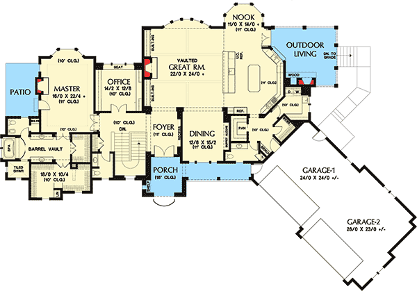 Plan 69595AM: French Country with Finished Lower Level - Floor Plan - Main Level - European, French Country