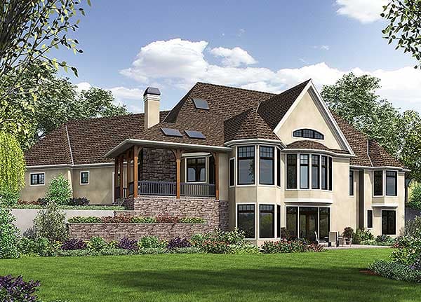House plan exterior: Two-story home with multiple gables, stone-accented porch, and bay windows.