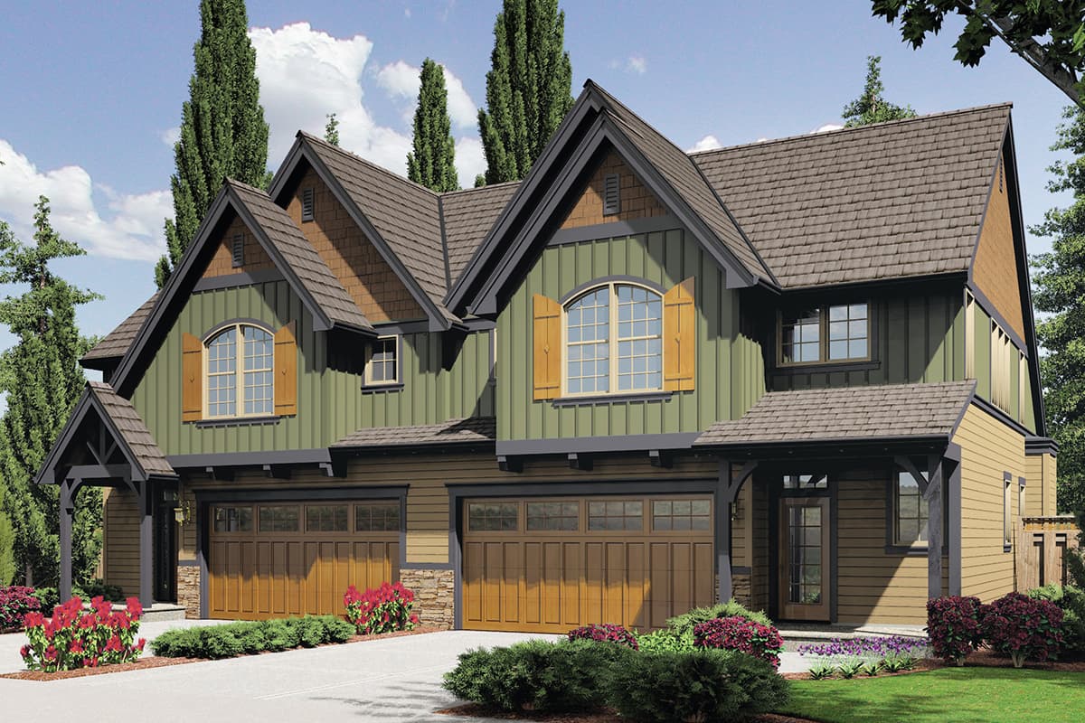 House plan exterior: Craftsman style, two stories, multiple gables, arched windows with shutters, and double garage doors.