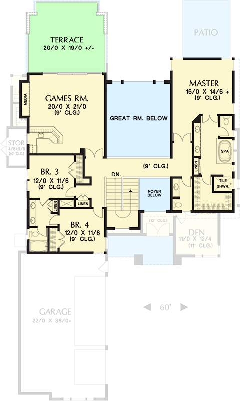 Plan 69597AM: 4 Bed Prairie with 2 Story Great Room - Floor Plan - 2nd Floor - Contemporary, Mid Century Modern, Modern, Northwest, Prairie