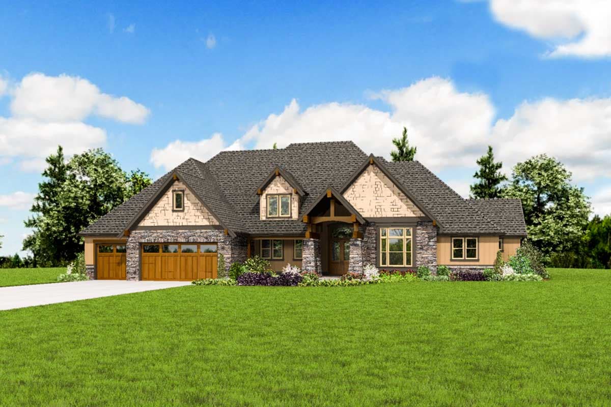 House plan exterior: Craftsman style, two stories, stone and shingle siding, prominent gables, and covered entryway with timber accents.
