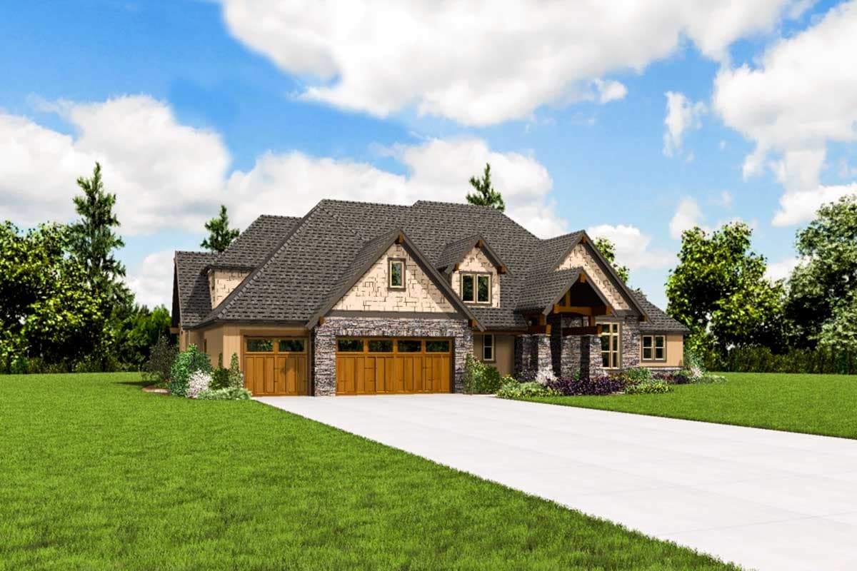 House plan exterior: Craftsman style, 1.5-story home with stone accents, prominent gables, and a triple-bay garage.