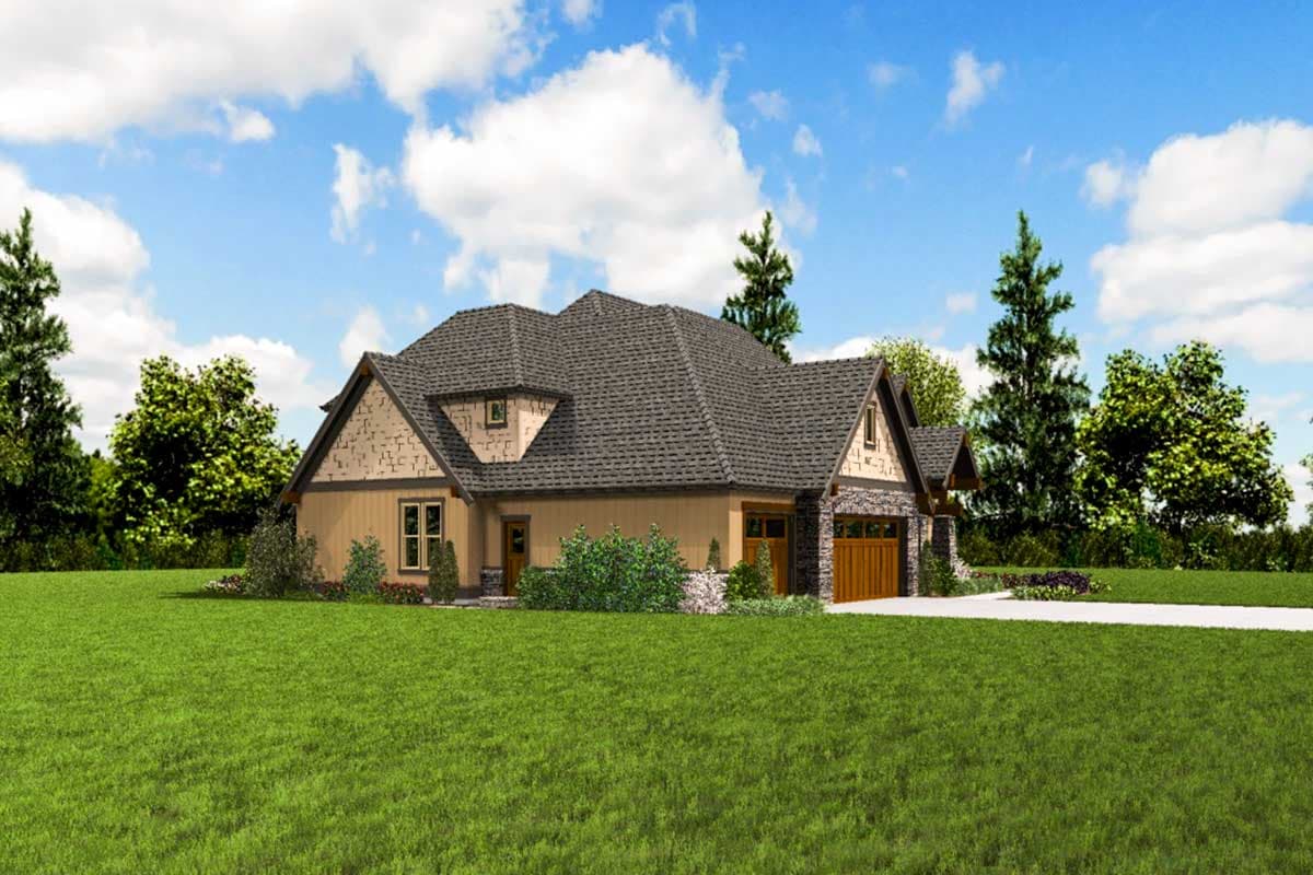 House plan exterior: One-story Modern Farmhouse with stone accents, prominent gables, dormer, and attached garage.