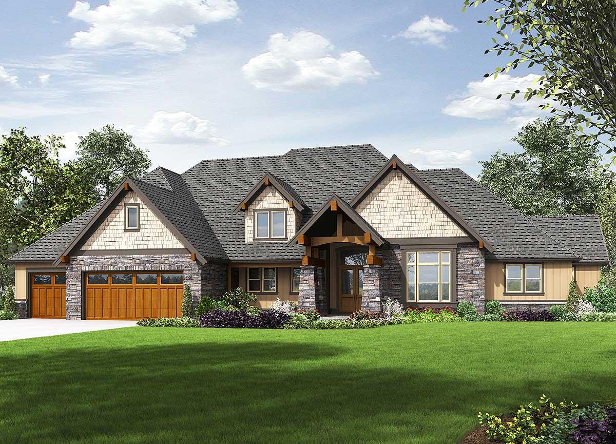 House plan exterior with stone and wood facade, prominent gables, dormers, covered entryway with exposed beams, and a three-car garage.