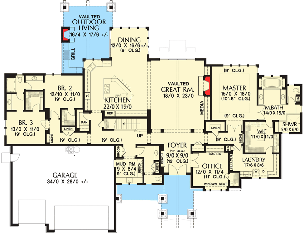 Plan 69599AM: Rugged Craftsman with 4 Beds and Bonus - Floor Plan - Main Level - Craftsman, Mountain, Ranch, Rustic