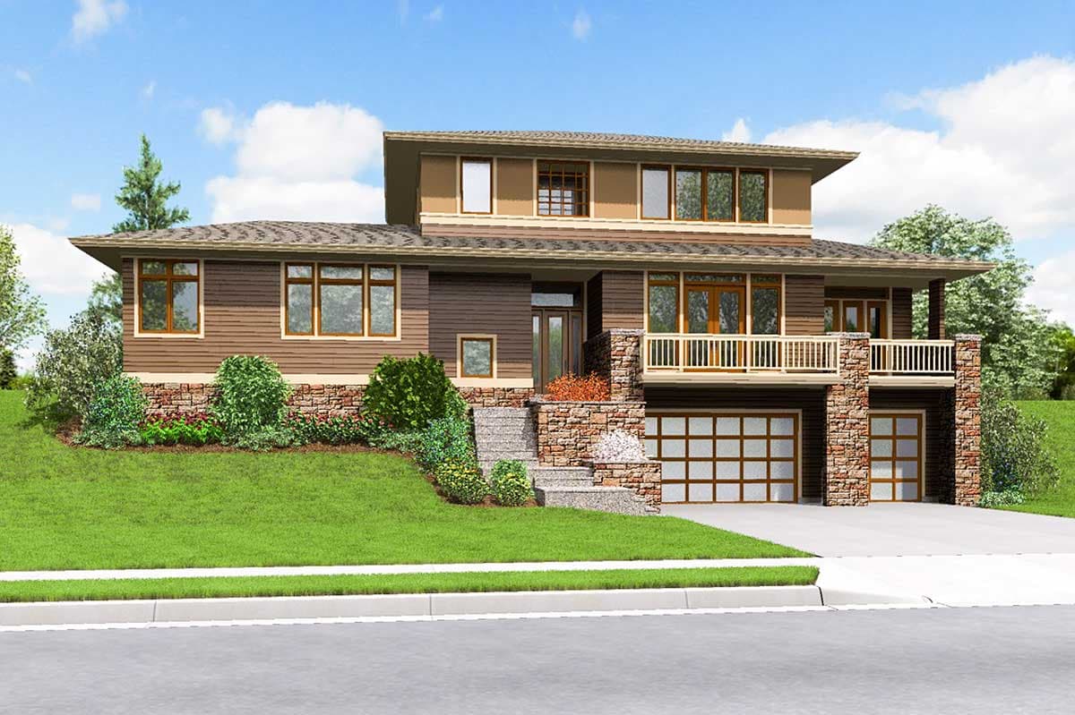 House plan exterior: Two-story modern home with stone base, horizontal siding, wide eaves, balcony, and a side-entry two-car garage.
