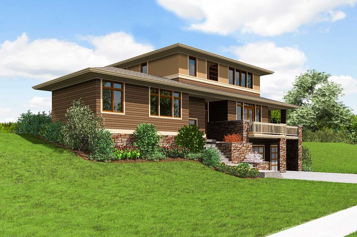 Two-story house plan exterior with wide eaves, horizontal siding, stone foundation, and a covered deck with stone pillars.