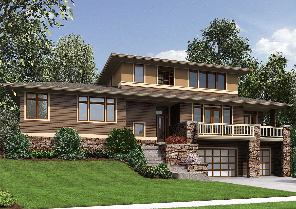 Modern house plan exterior with stone base, horizontal siding, a second-story balcony, and a flat roofline.