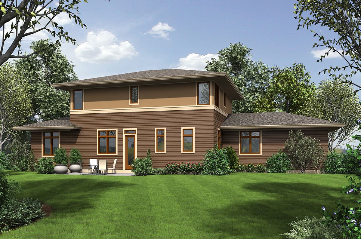 House plan exterior rendering of a two-story modern home with horizontal siding, flat roof, and multiple windows.