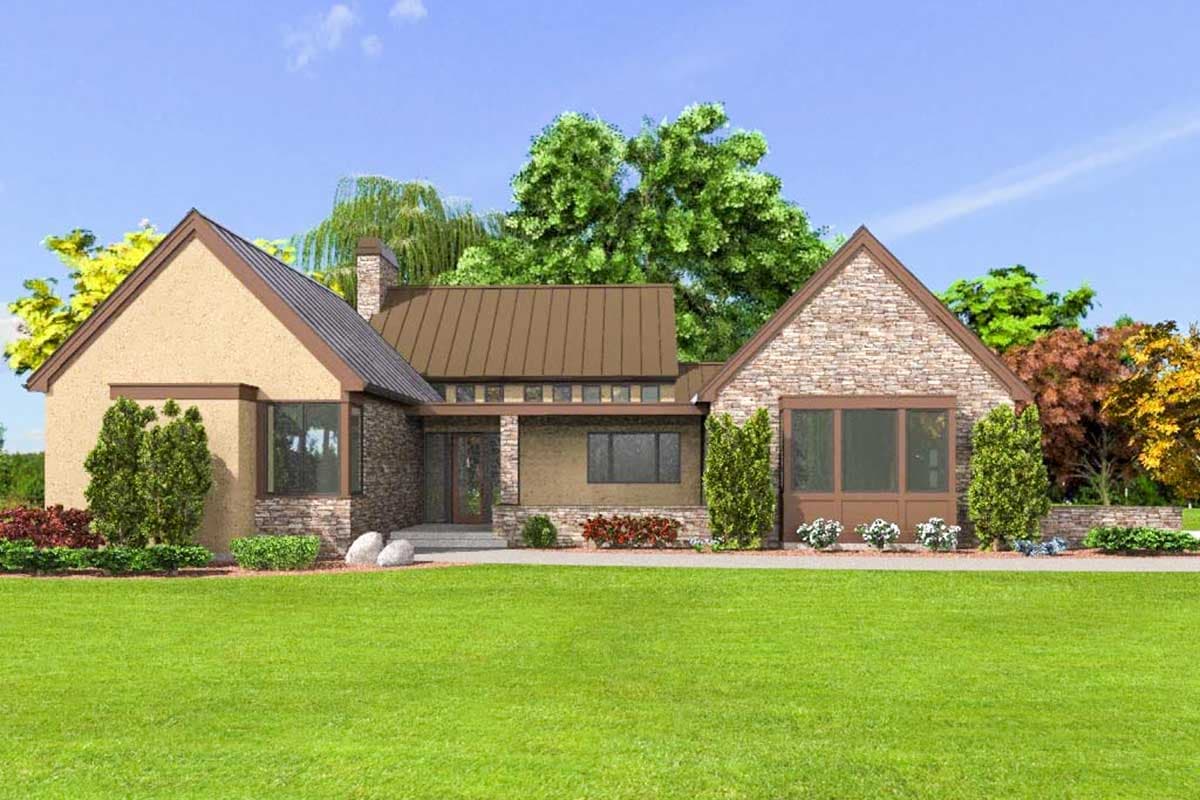 House plan exterior: Single-story home with stone and stucco, metal roof, prominent gables, and covered entry.