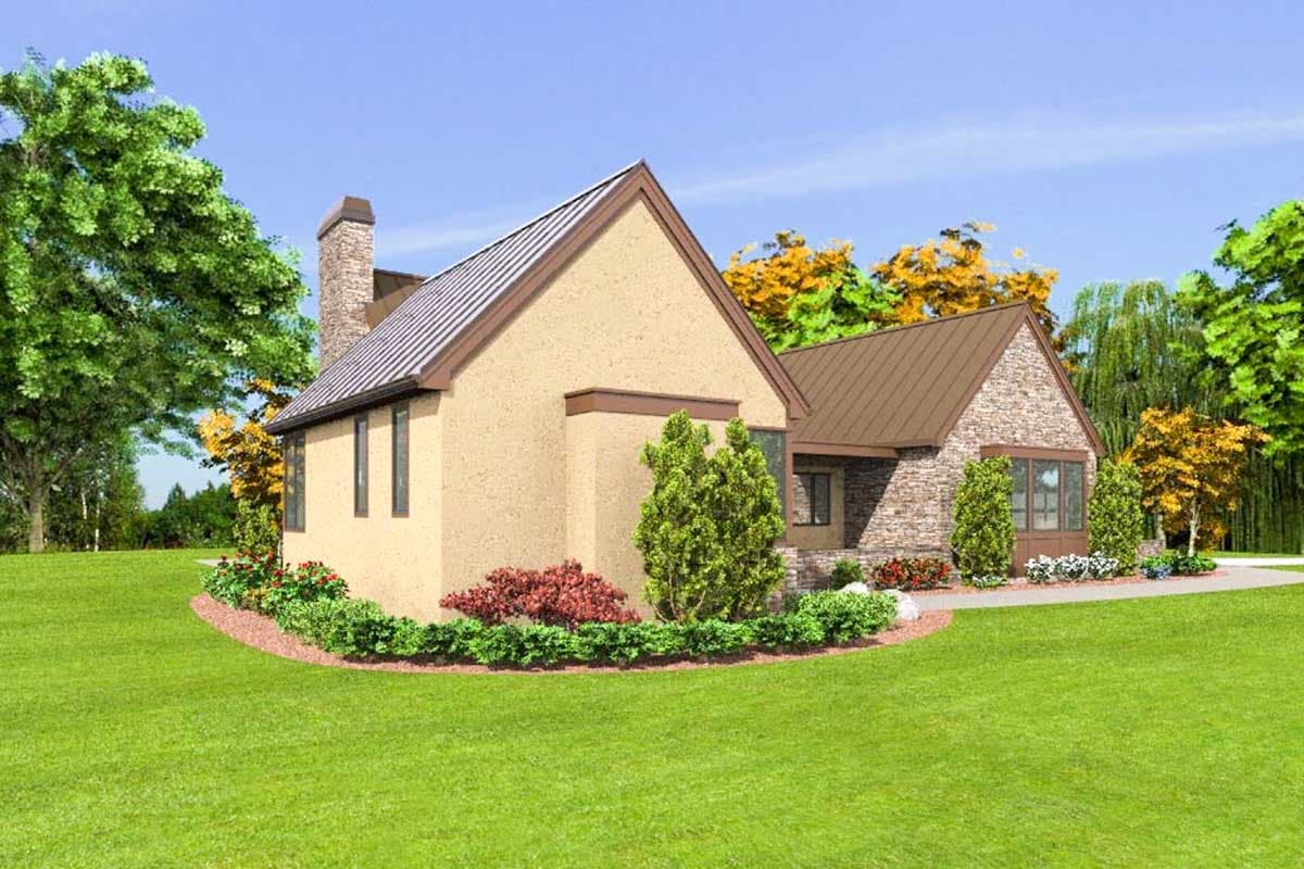 House plan exterior with stucco and stone facade, metal roof, and prominent chimney.