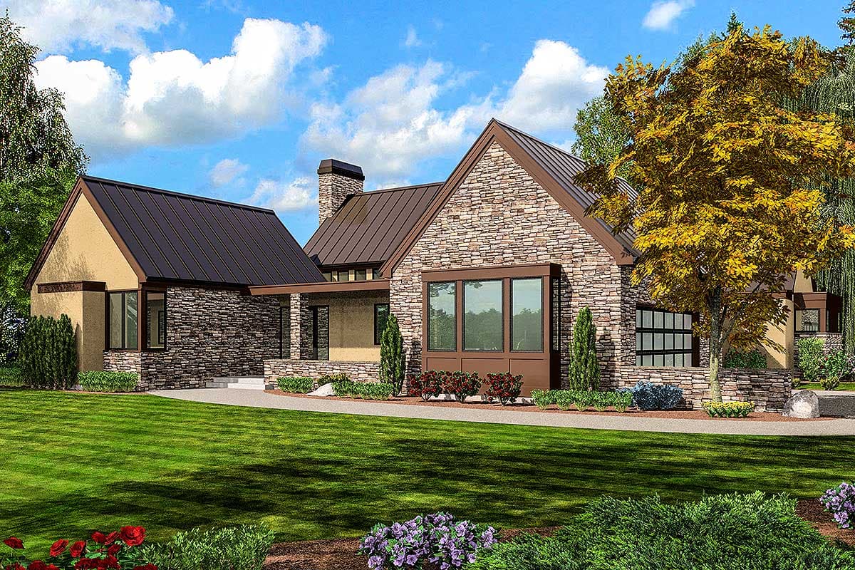 House plan exterior featuring stone cladding, metal roofs, gables, and a prominent chimney.