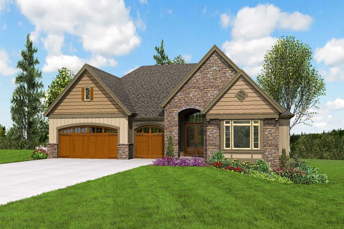 House plan exterior: one-story home with stone accents, two arched garage doors, and a gabled entrance.