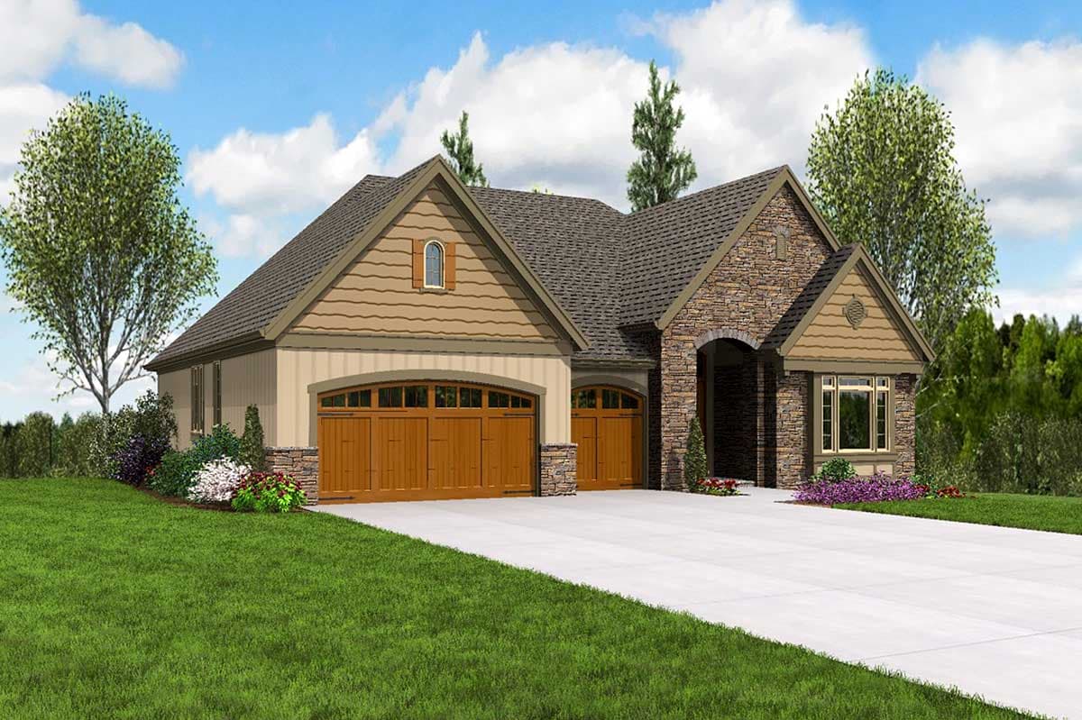 House plan exterior, one story, featuring stone and shake siding, arched entry, and triple garage.