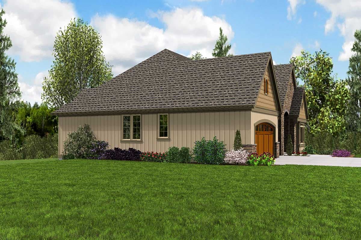 House plan exterior: one-story Modern Farmhouse with gabled dormer, stone accents, and arched wood garage door.