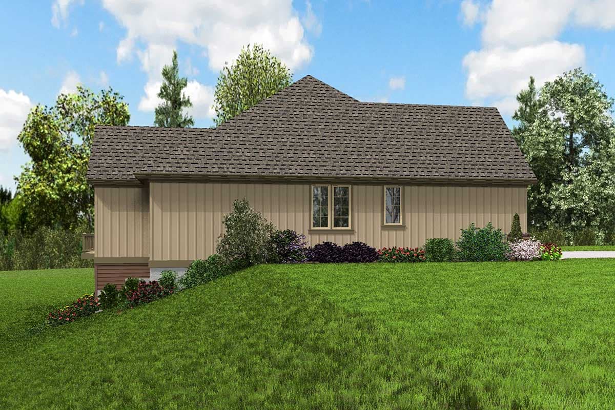 House plan exterior: One-story home with vertical siding, asphalt shingle roof, and a gabled roofline.