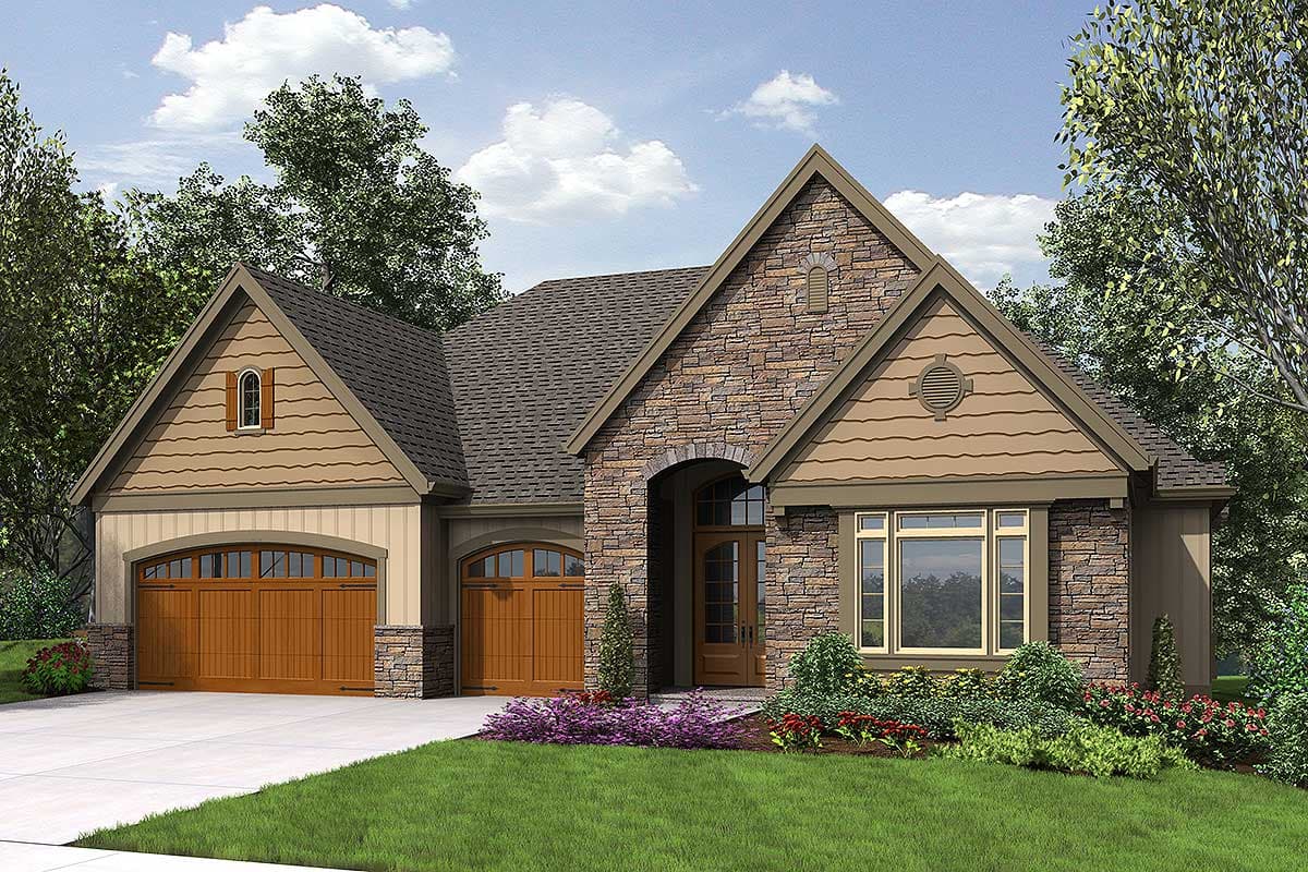 House plan exterior featuring stone accents, arched garage doors, and gabled dormers. A single-story design.