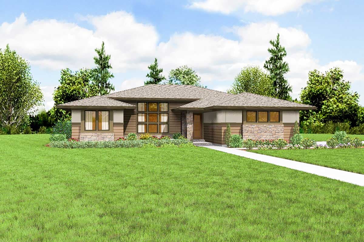 Contemporary style house plan exterior, one story, with multi-pane windows, stone and horizontal siding, and a sloped roof.