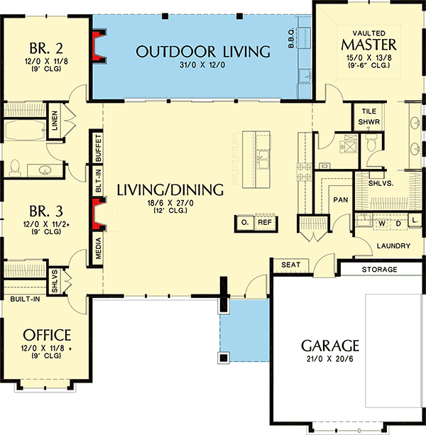 Plan 69603AM: 3 Bed Modern Prairie Ranch House Plan - Floor Plan - Main Level - Contemporary, Prairie, Ranch