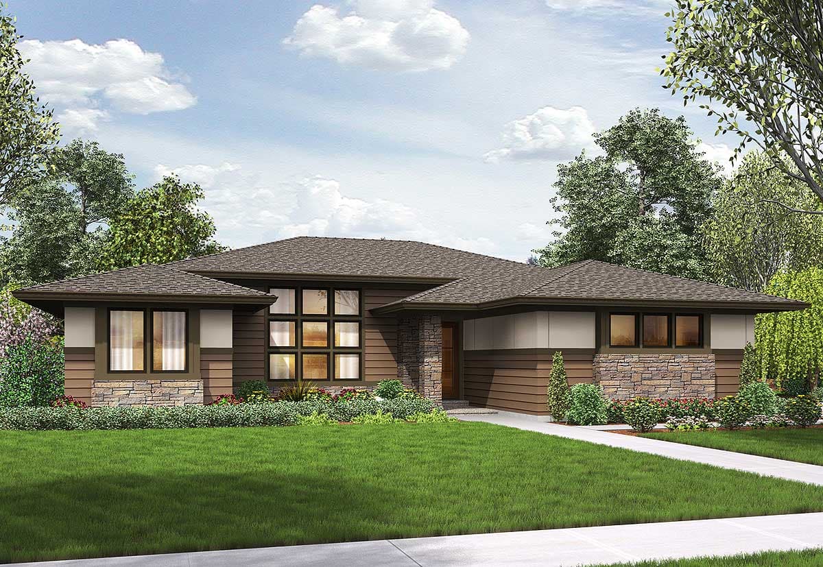 House plan exterior: Modern home with low-pitched roof, stone accents, horizontal siding, and large multi-pane windows.