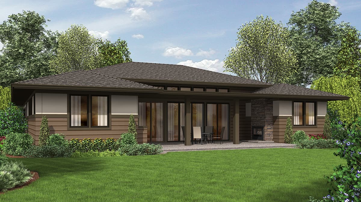House plan exterior of a single-story home with a low-pitched roof, expansive windows, and a stone fireplace feature.