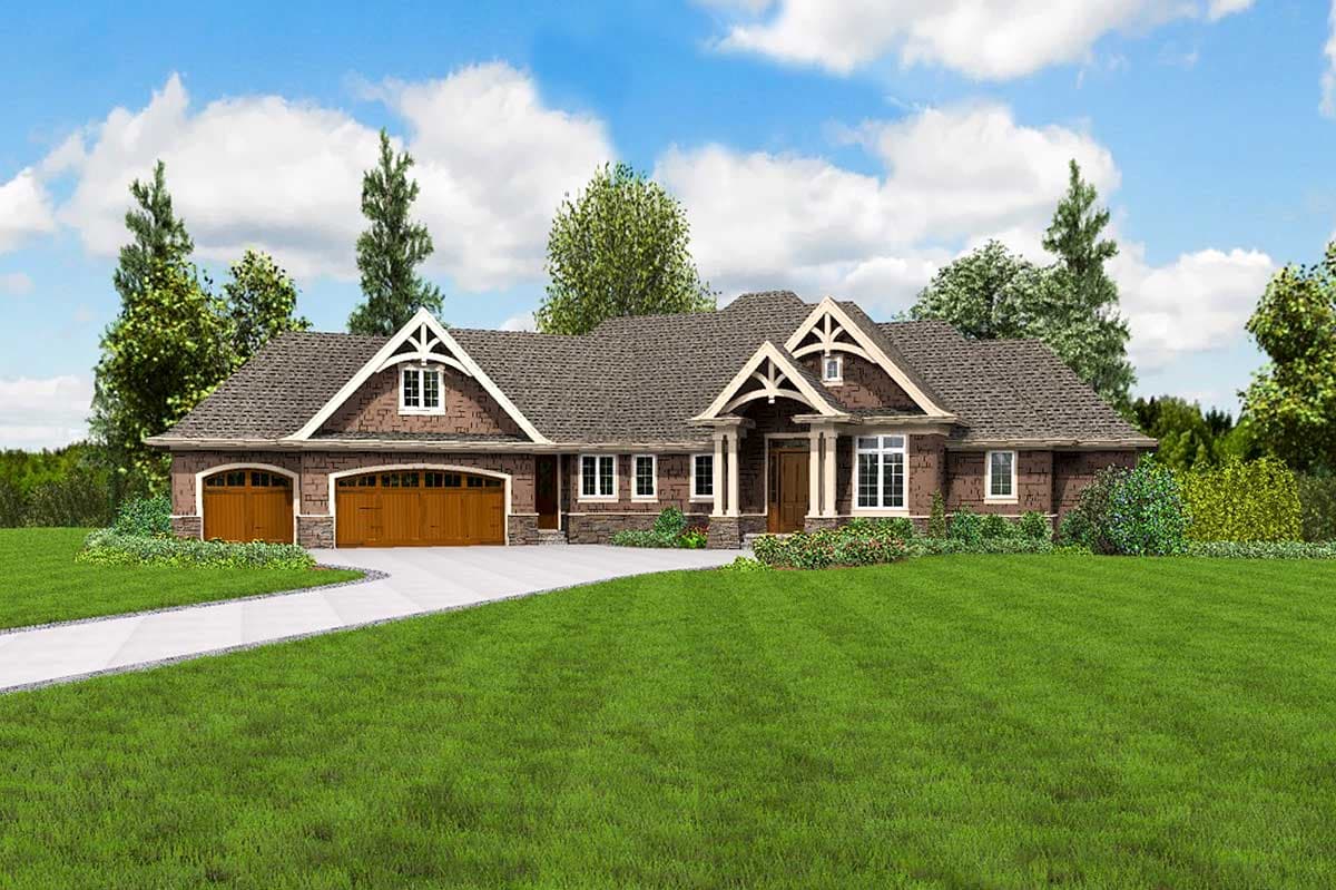 House plan exterior: Craftsman style, single-story with three-car side-entry garage, gables, and prominent front porch.