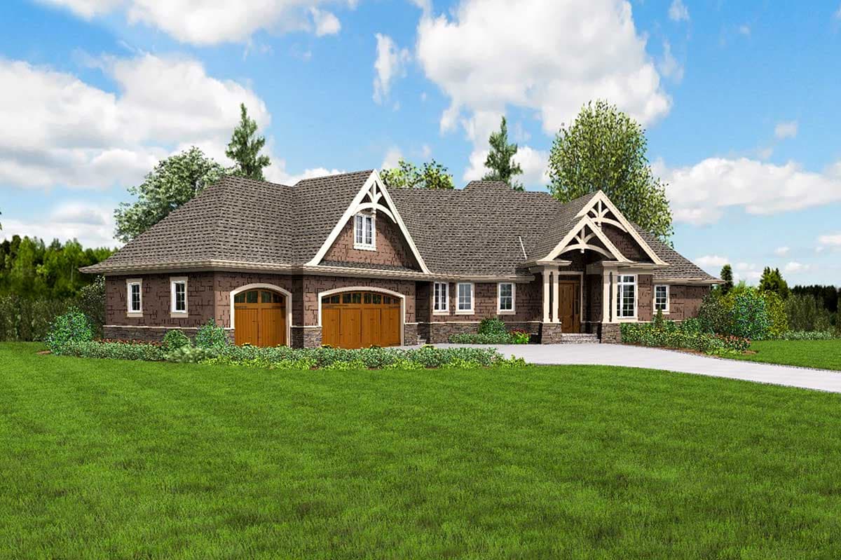 House plan exterior: Craftsman style, one-story, with a three-car garage, prominent gables, and a covered entry.