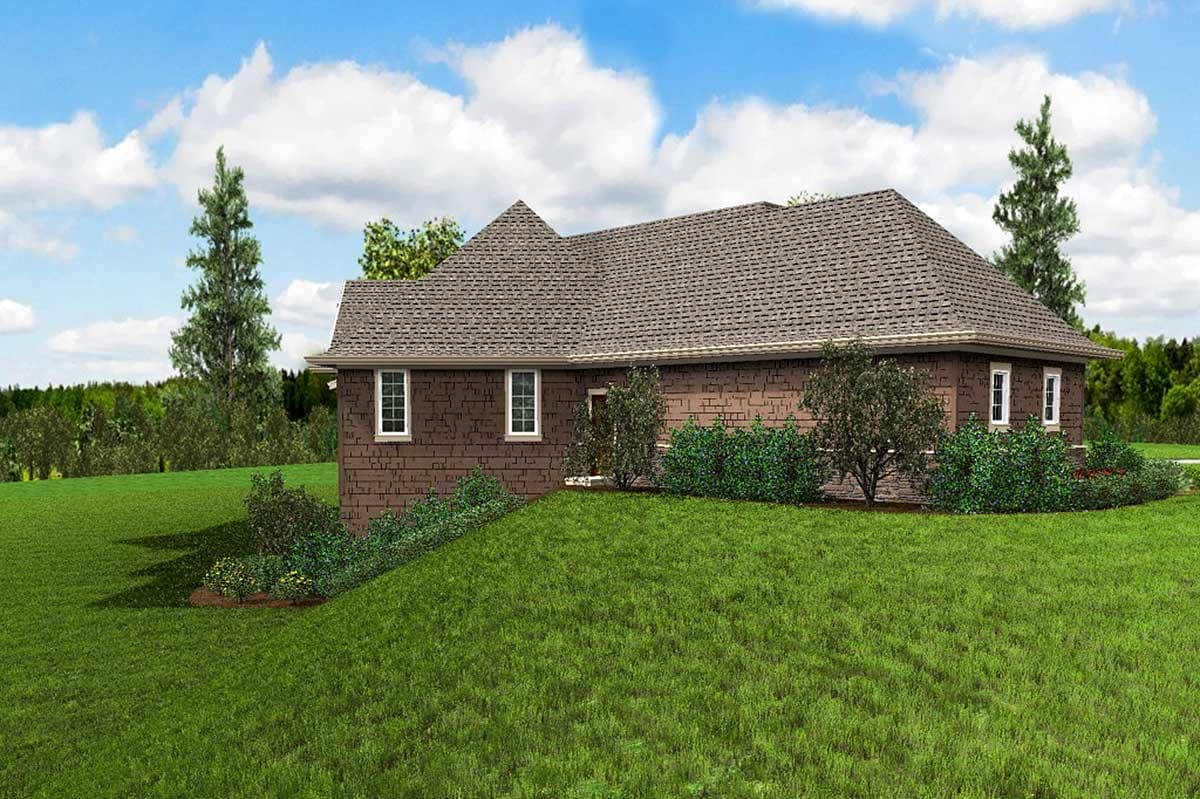House plan exterior with a gable roof, brick siding, and multiple windows. Two stories are visible.