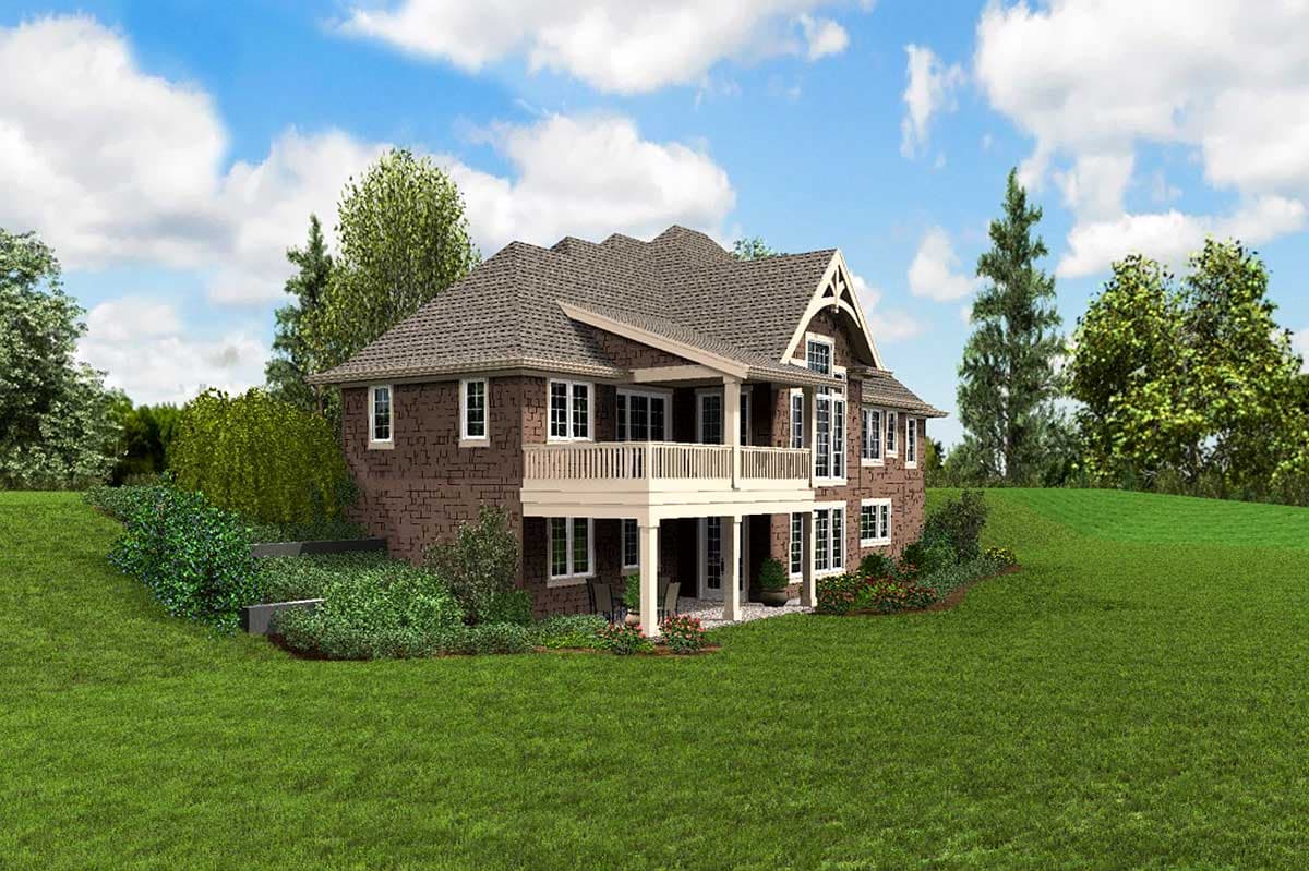 House plan exterior, two stories, with a prominent second-story deck, brick facade, and multiple gables.