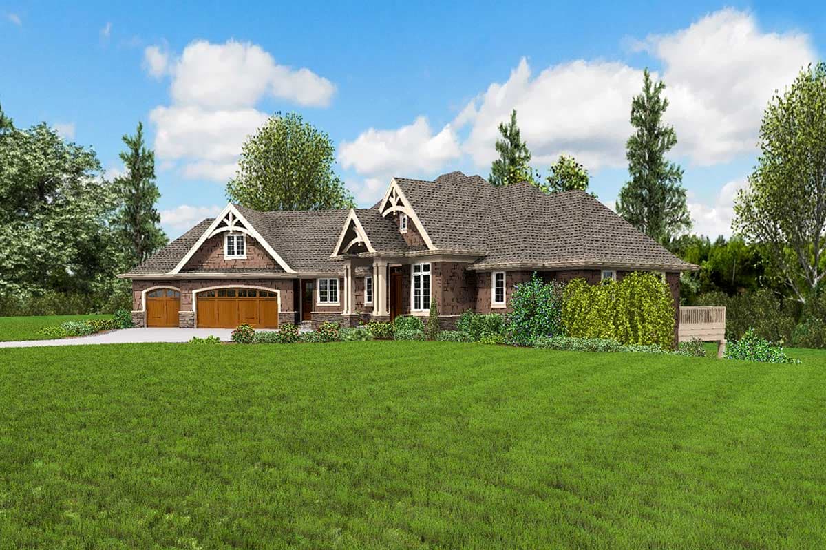 House plan exterior: Single-story residence with a three-car garage, prominent gables, and stone accents.