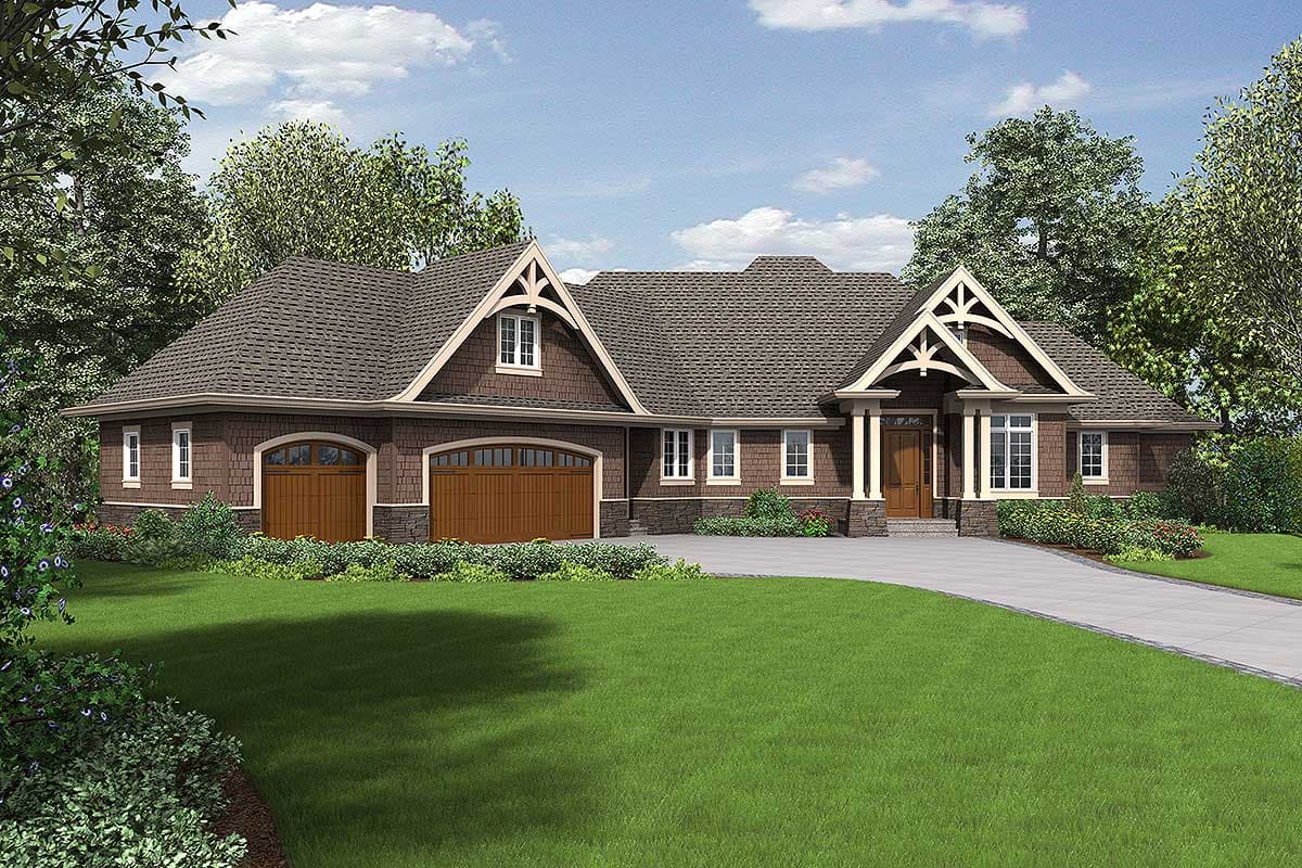 House plan exterior featuring a Craftsman style with a low-pitched roof, gables, and a front porch. Includes a two-car garage.