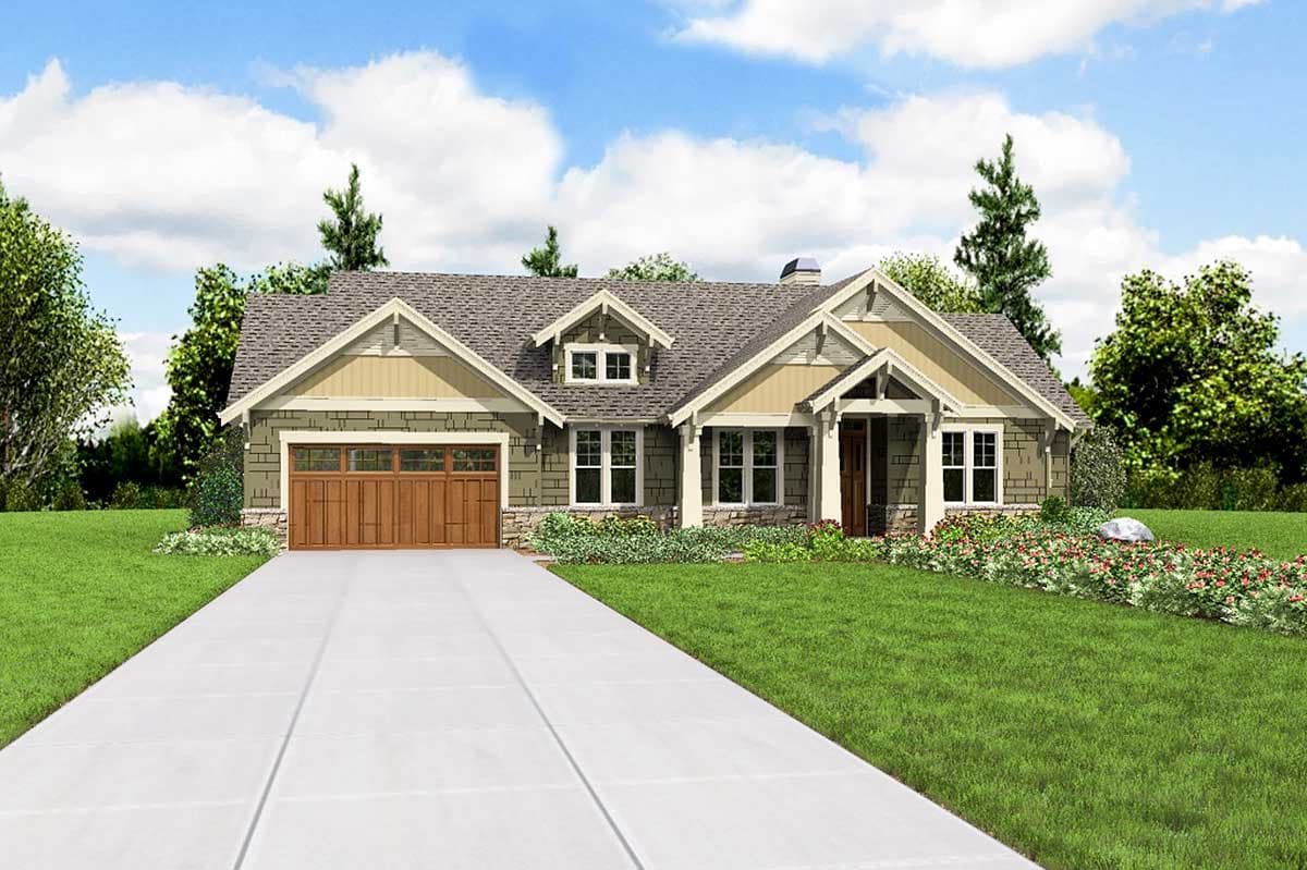 House plan exterior: Craftsman style, one story with gabled dormer, covered entry porch, and attached side-entry garage.