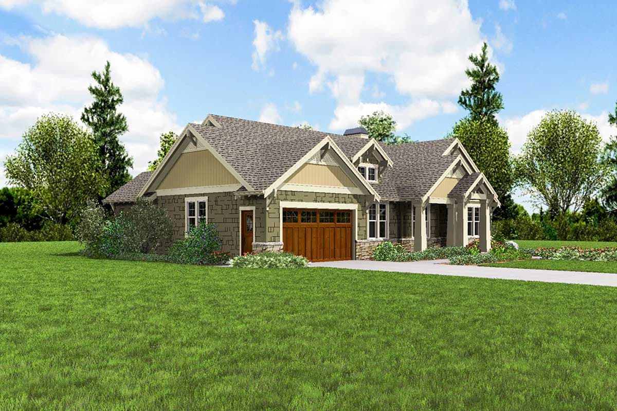 Craftsman house plan exterior, one story, with stone and siding, gabled dormers, covered front porch, and attached garage.