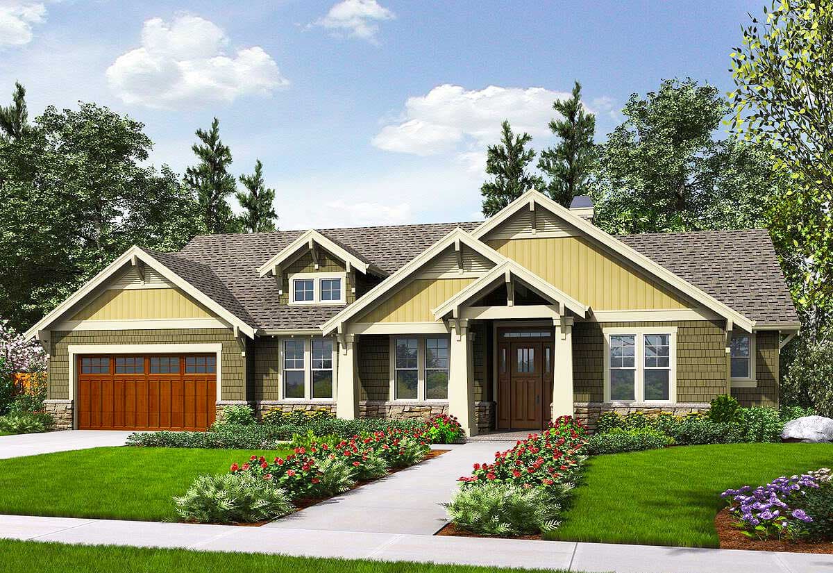House plan exterior rendering. Craftsman style with a gabled roof, dormers, and a covered front entry. Features an attached garage.