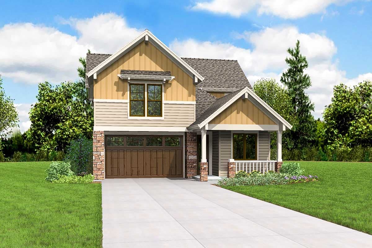House plan exterior of a two-story Modern Farmhouse with a covered front porch, stone accents, and a double garage.