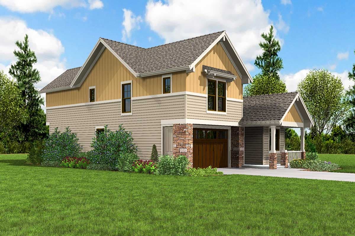 House plan exterior with two stories, gabled dormers, stone accents, and a covered porch.