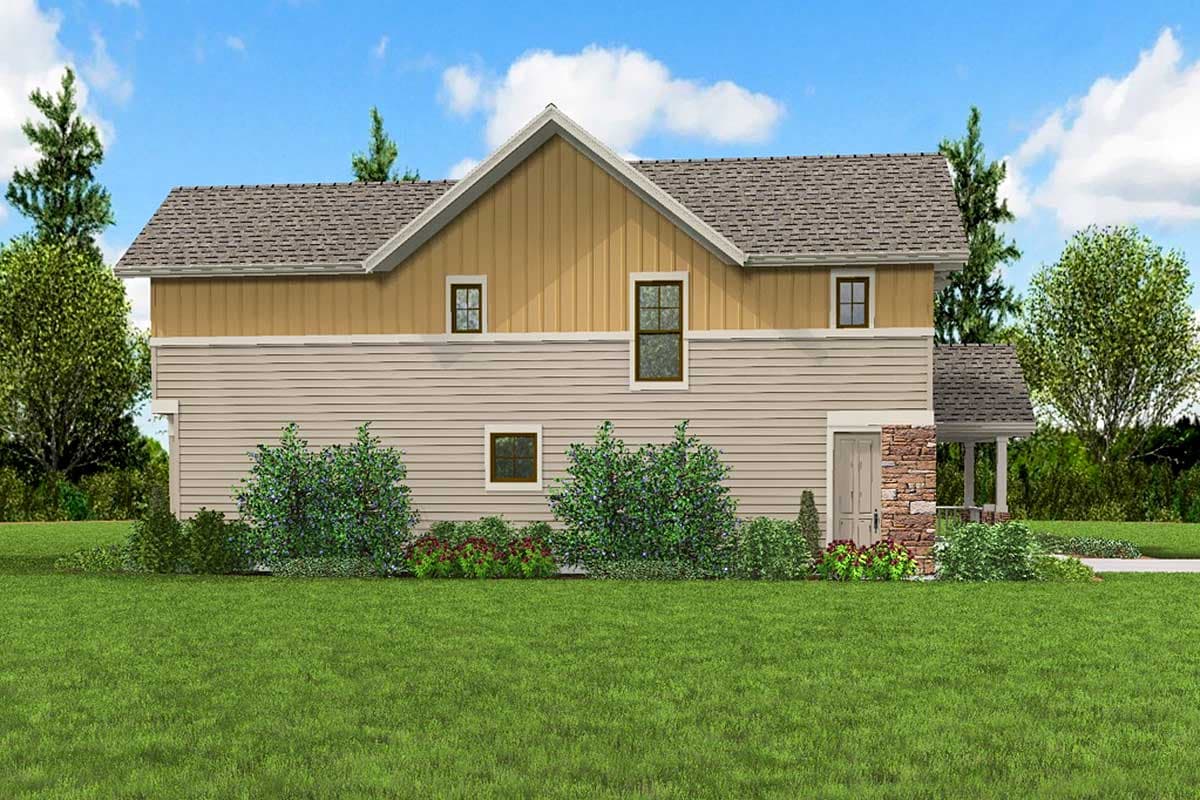 House plan exterior: Two-story home with a gable roof, stone and siding facade, and covered entry porch.