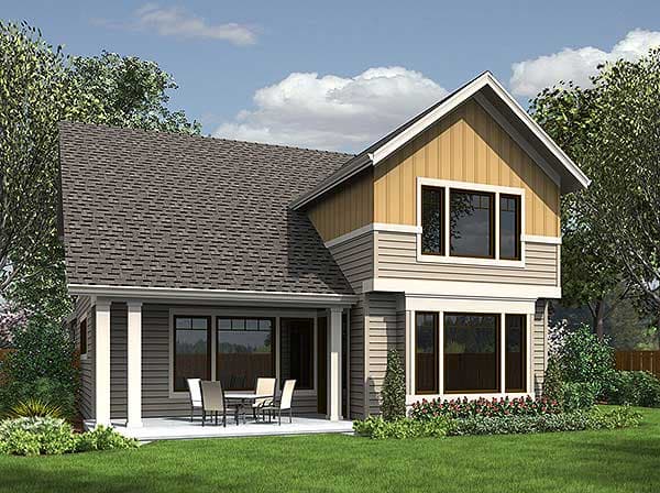 House plan exterior: Two-story Modern Farmhouse with covered porch, gable accent, and large windows.
