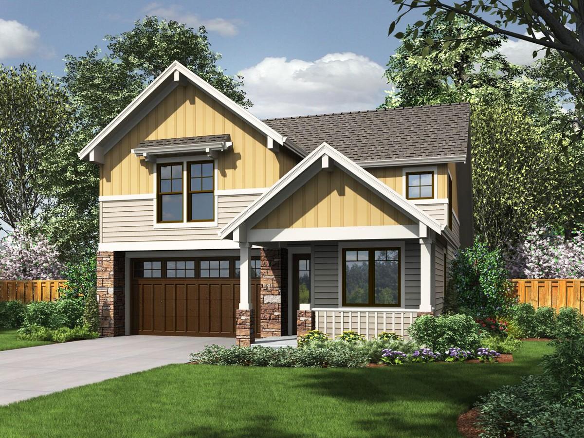 House plan exterior: Two-story home with gabled dormers, stone accents, covered front porch, and a side-facing garage.