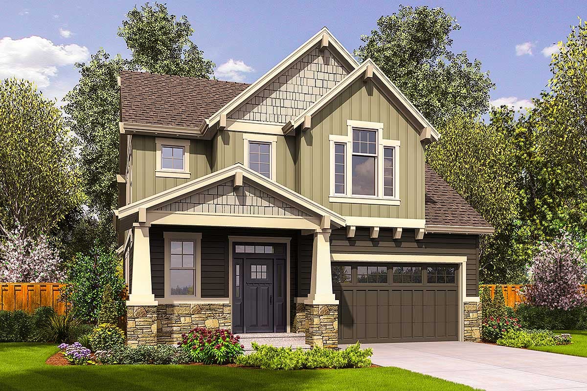 Modern Farmhouse house plan exterior, two stories, featuring a covered front porch, stone accents, and a side-facing garage.