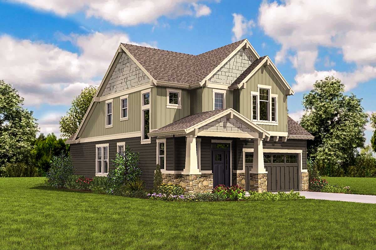 House plan exterior: Two-story home with stone accents, prominent gabled dormers, covered entry porch, and attached garage.