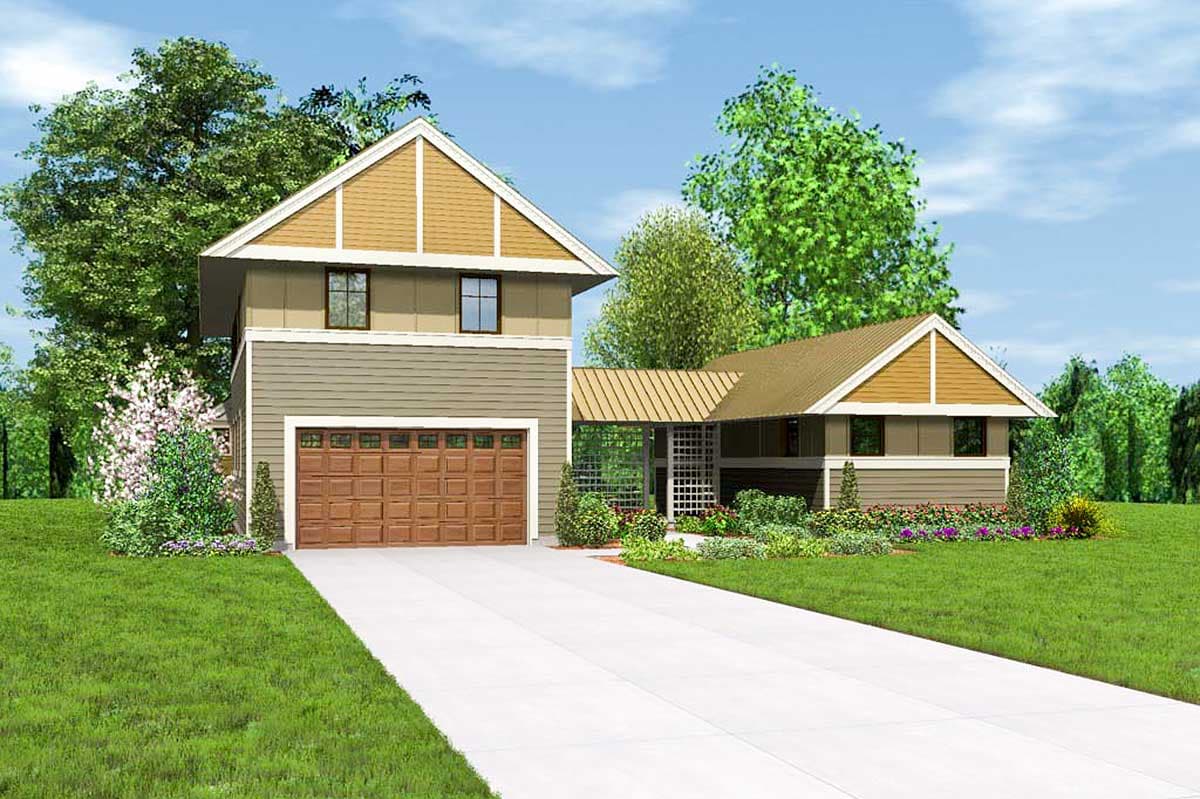 Modern Farmhouse house plan exterior with two stories, attached garage, and covered walkway.