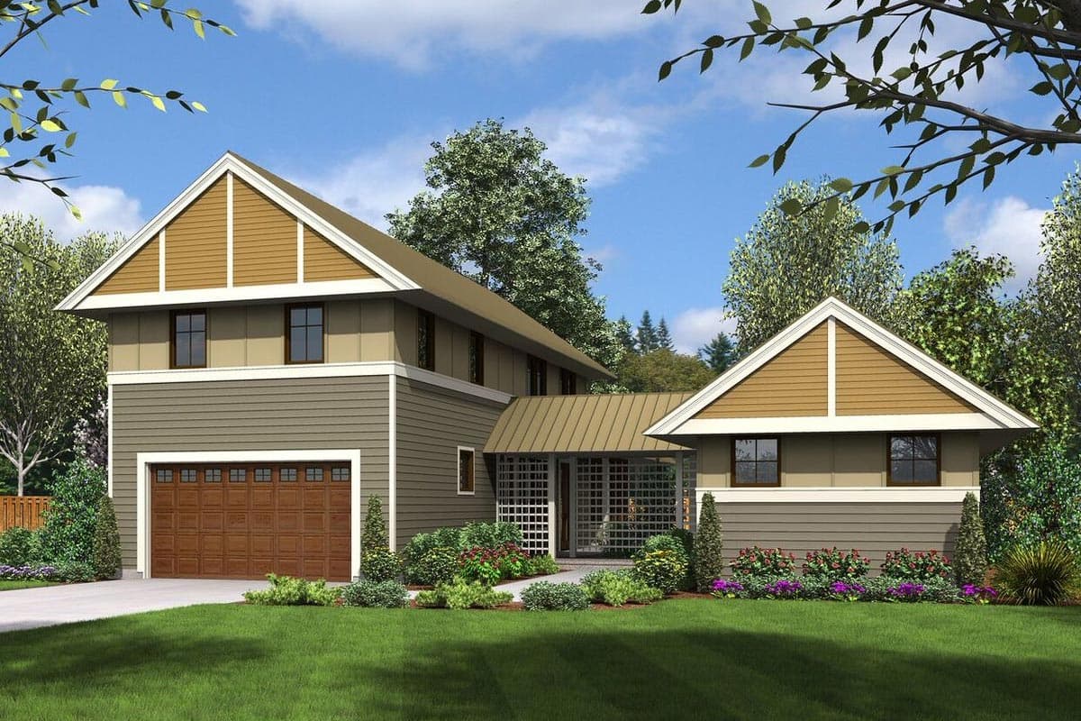 House plan exterior: Two-story home with gabled dormers, side-entry garage, and covered walkway with lattice.