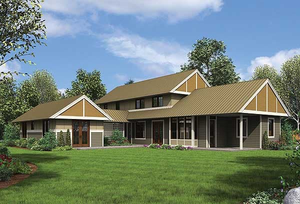 House plan exterior featuring a two-story main section with a prominent gable and a single-story wing with a covered porch.