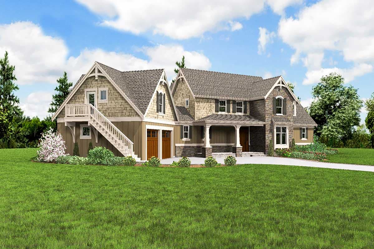 House plan exterior featuring a stone and shingle facade, a covered porch, two-car garage, and a detached garage with exterior stairs.