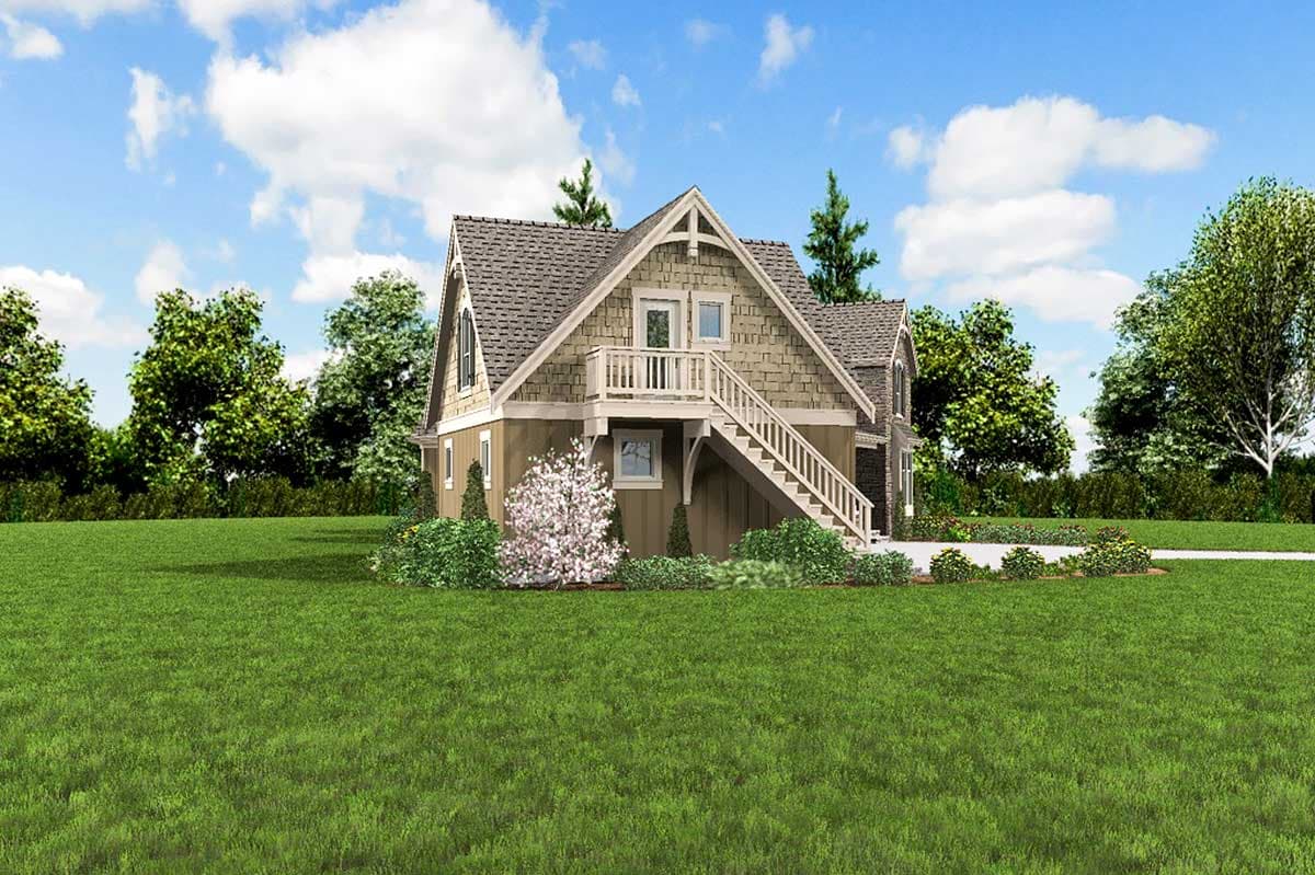 House plan exterior shows a two-story Modern Farmhouse with steep gables, a covered porch, and a prominent exterior staircase.