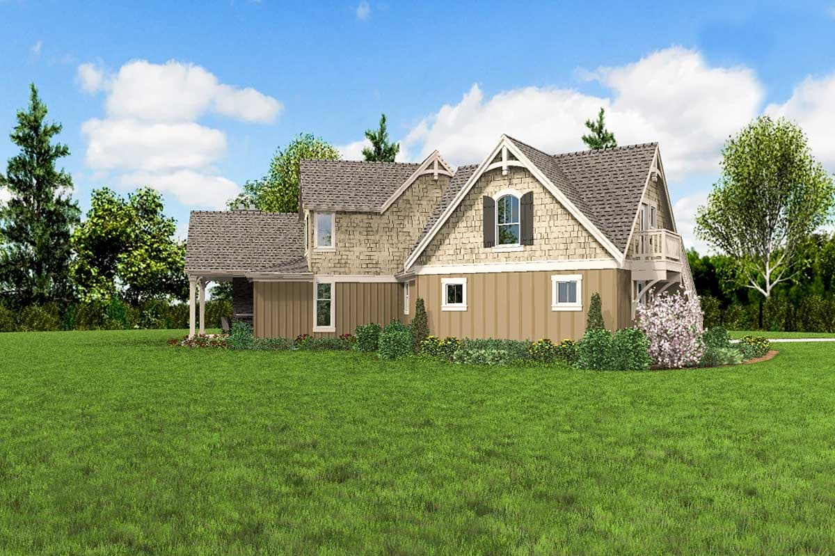 House plan exterior shows a two-story home with gables, dormers, a covered porch, and a balcony.