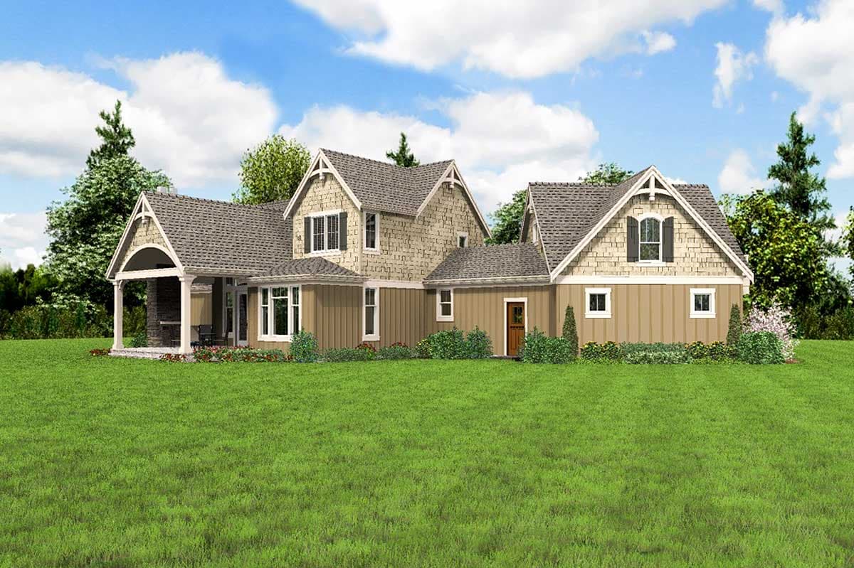 House plan exterior: Two-story house with covered front porch, multiple gables, and mixed siding materials.